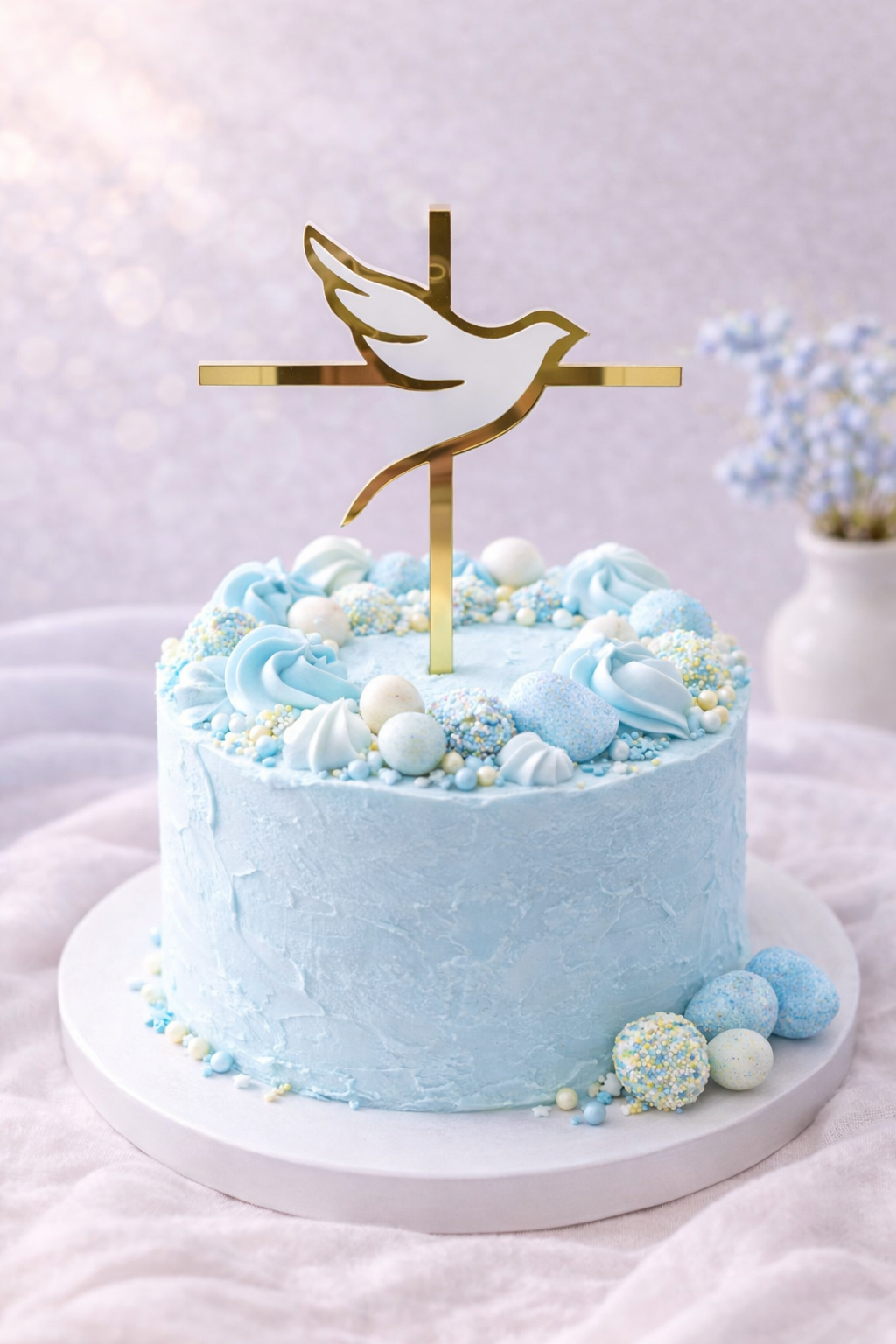Caketopper mit Kreuz und Taube aus Acryl in Gold, Silber oder Roségold für Taufe, Kommunion und Firmung