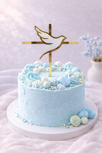 Caketopper mit Kreuz und Taube aus Acryl in Gold, Silber oder Roségold für Taufe, Kommunion und Firmung