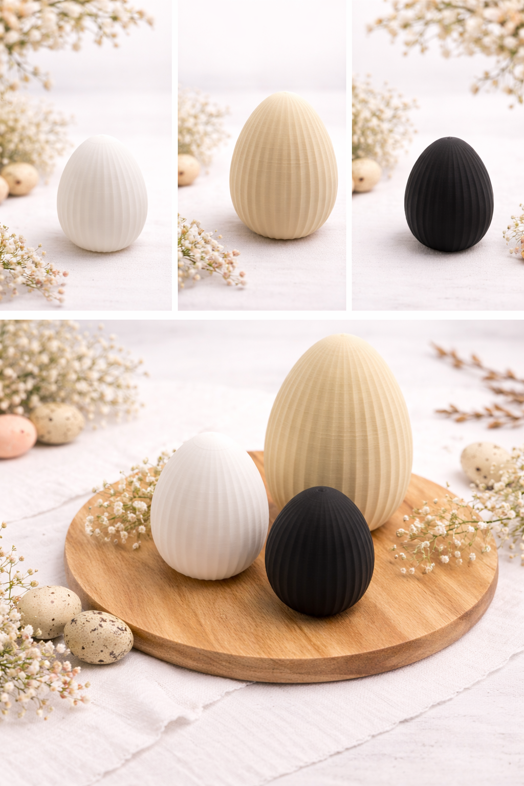 Moderne Ostereier aus 3D-Druck mit geriffelter Oberfläche in verschiedenen Größen und Farben als stilvolle Osterdekoration