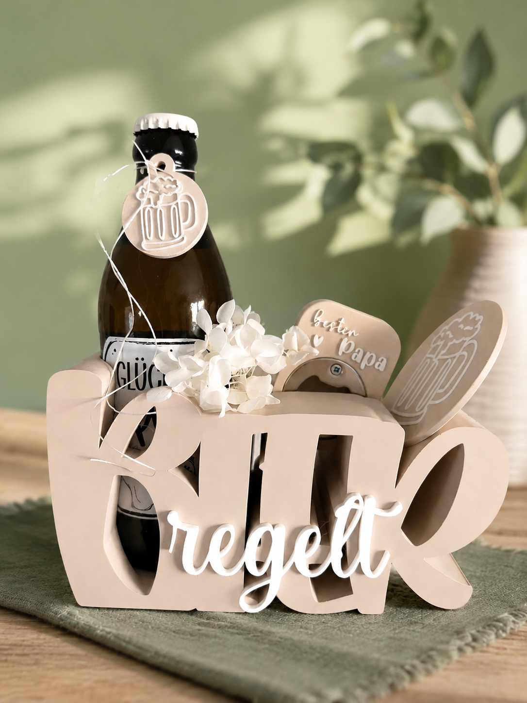 Geschenkset für Papa mit 3D-gedrucktem Bierhalter, Flaschenöffner und Untersetzer, originelle Geschenkidee für Bierliebhaber