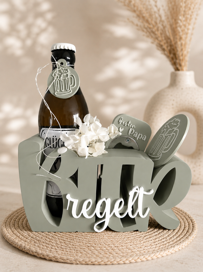 Geschenkset für Papa mit 3D-gedrucktem Bierhalter, Flaschenöffner, Untersetzer und dekorativem Anhänger