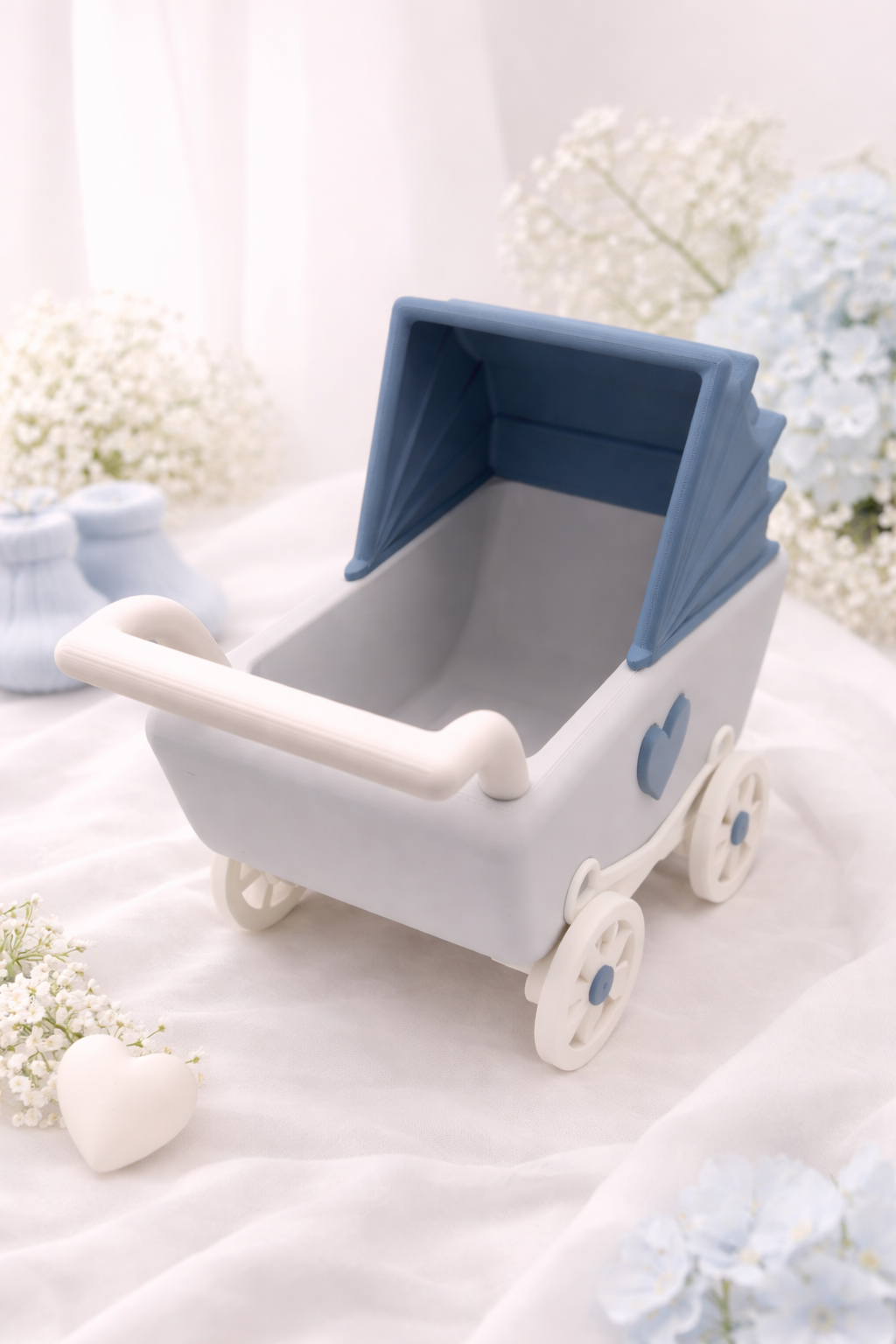 Kinderwagen Geschenkbox leer in Blau Grau zur Geburt Geschenkverpackung