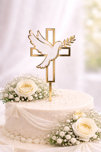Caketopper Acryl Kreuz mit Taube in Gold für Taufe und Kommunion