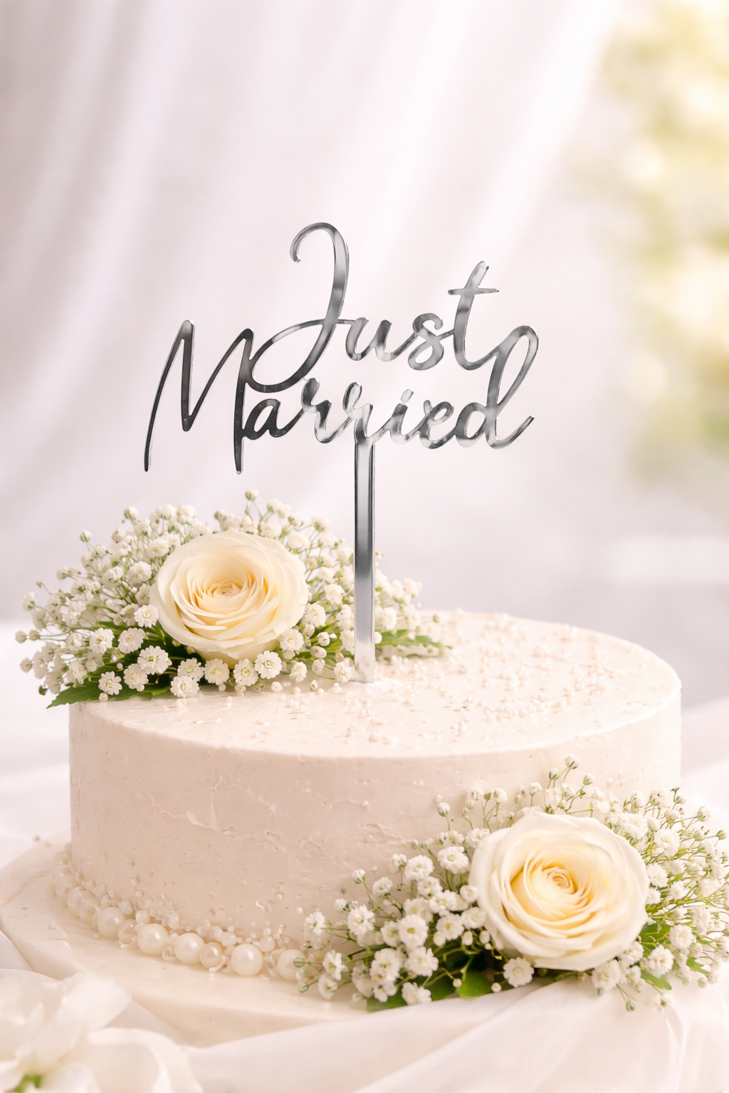 Eleganter Caketopper „Just Married“ aus Acryl in Gold, Silber oder Roségold für Hochzeitstorten