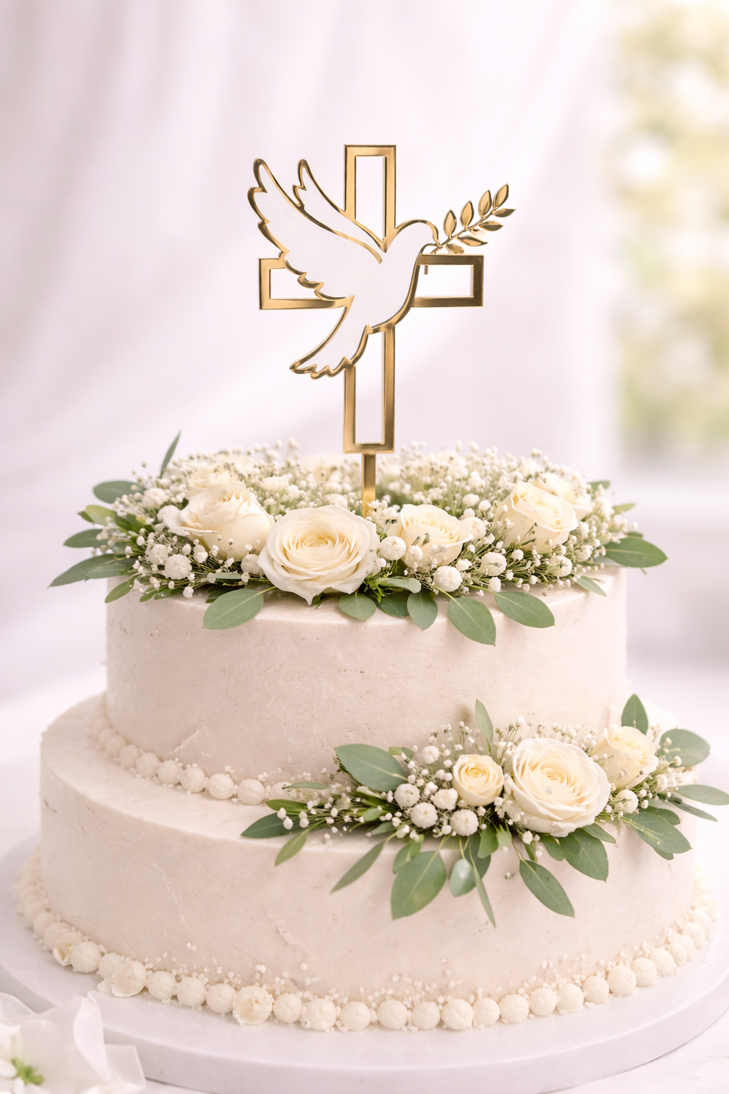 Caketopper Kreuz mit Taube in Acryl für Taufe, Kommunion und Firmung in Gold, Silber oder Roségold