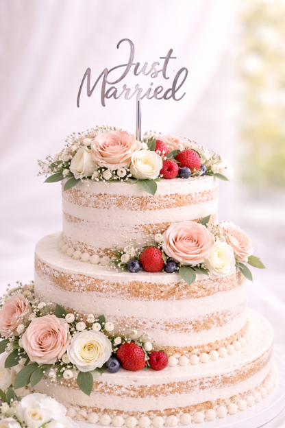 Eleganter Caketopper „Just Married“ aus Acryl in Gold, Silber oder Roségold für Hochzeitstorten