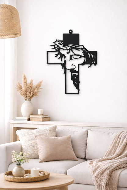Modernes Kreuz mit Jesu Gesicht aus 4 mm Acryl als christliche Wanddeko