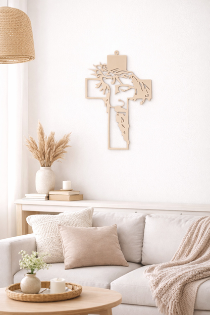 Modernes Kreuz mit Jesu Gesicht aus 4 mm Acryl als christliche Wanddeko