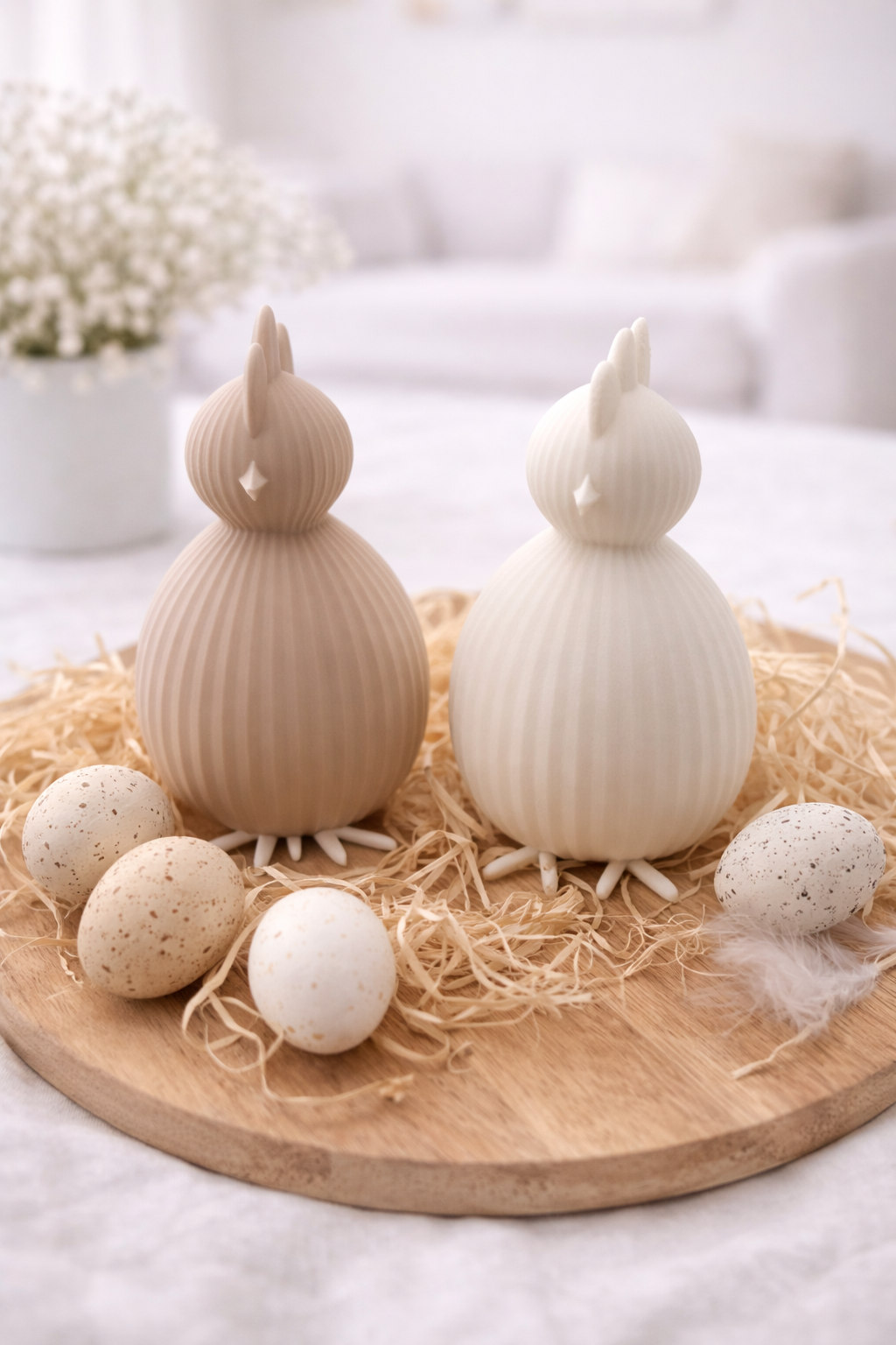 Minimalistisches 3D-gedrucktes PLA-Huhn „Molli“ stehend oder sitzend als moderne Ostern Deko