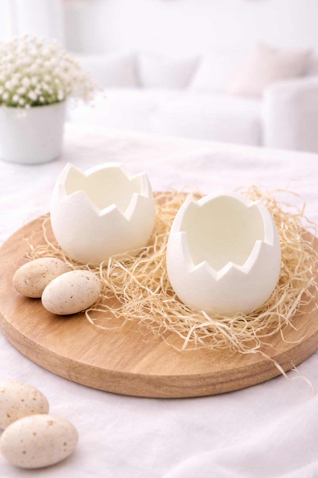Osternest aus PLA in Eiform mit dekorativer Öffnung, handgefertigte Eierschale als minimalistische Osterdeko