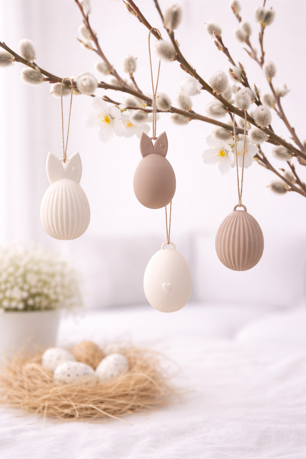 Ostern - Minimalistische Osteranhänger Eier im 4er-Set, handgefertigt, dekorativ an einem Osterstrauch in hellen Naturtönen.lingsdeko