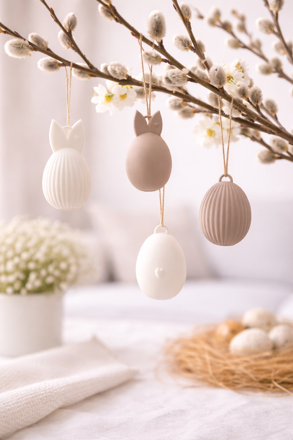 Vier Osteranhänger Eier aus PLA, jeweils zwei in derselben Farbe, modern und schlicht als Osterdekoration.