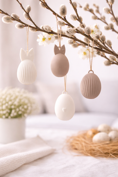 Vier Osteranhänger Eier aus PLA, jeweils zwei in derselben Farbe, modern und schlicht als Osterdekoration.