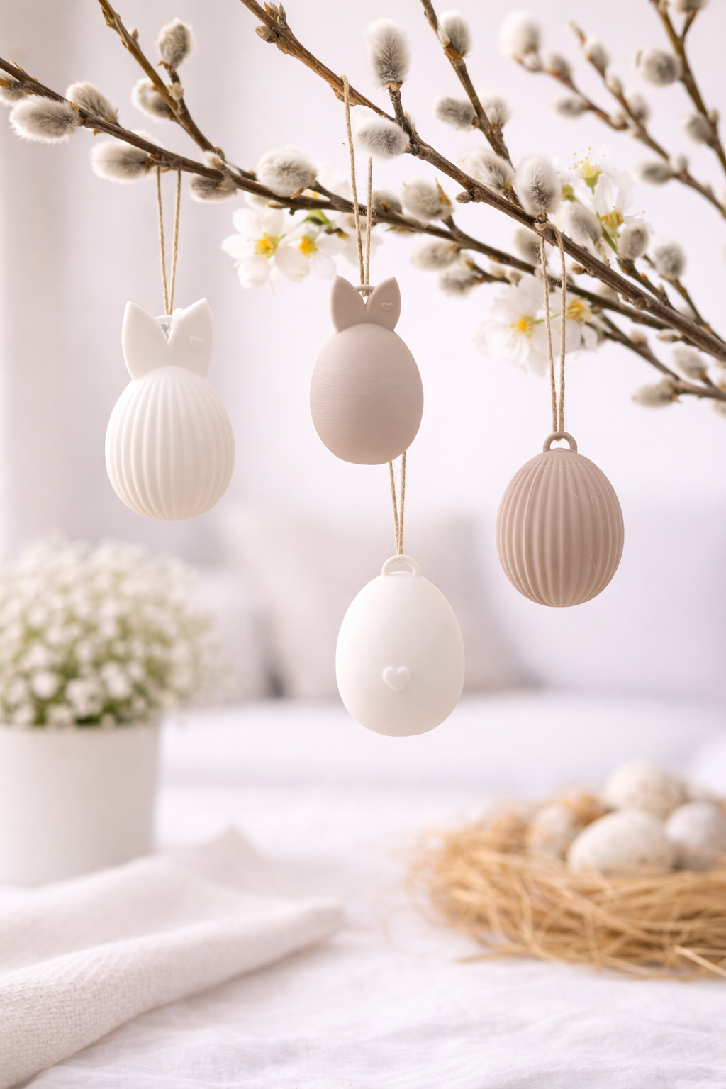 Handgefertigte Osteranhänger Eier in vier Varianten, minimalistische Frühlingsdeko für Osterstrauch und Zweige.