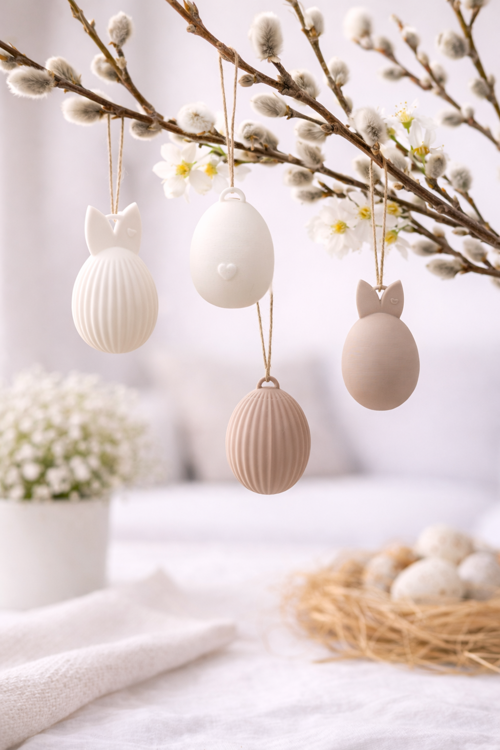 Minimalistische Osterdeko: vier Osteranhänger Eier in natürlichen Farben, stilvoll arrangiert an einem Osterstrauch.