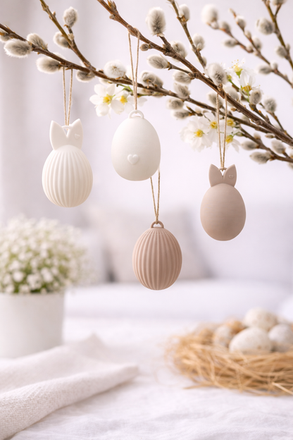 Minimalistische Osterdeko: vier Osteranhänger Eier in natürlichen Farben, stilvoll arrangiert an einem Osterstrauch.