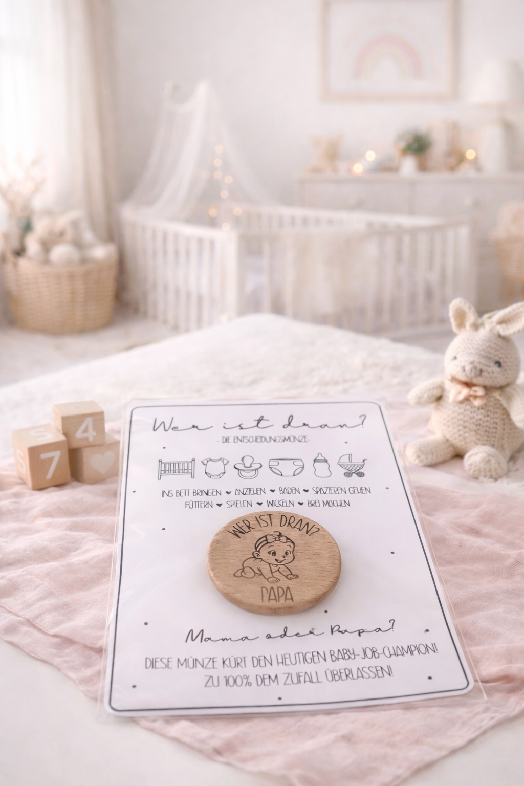 Babygeschenk Holz Entscheidungs-Münze Mama oder Papa zur Geburt