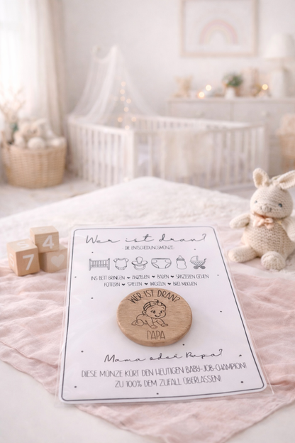 Babygeschenk Holz Entscheidungs-Münze Mama oder Papa zur Geburt