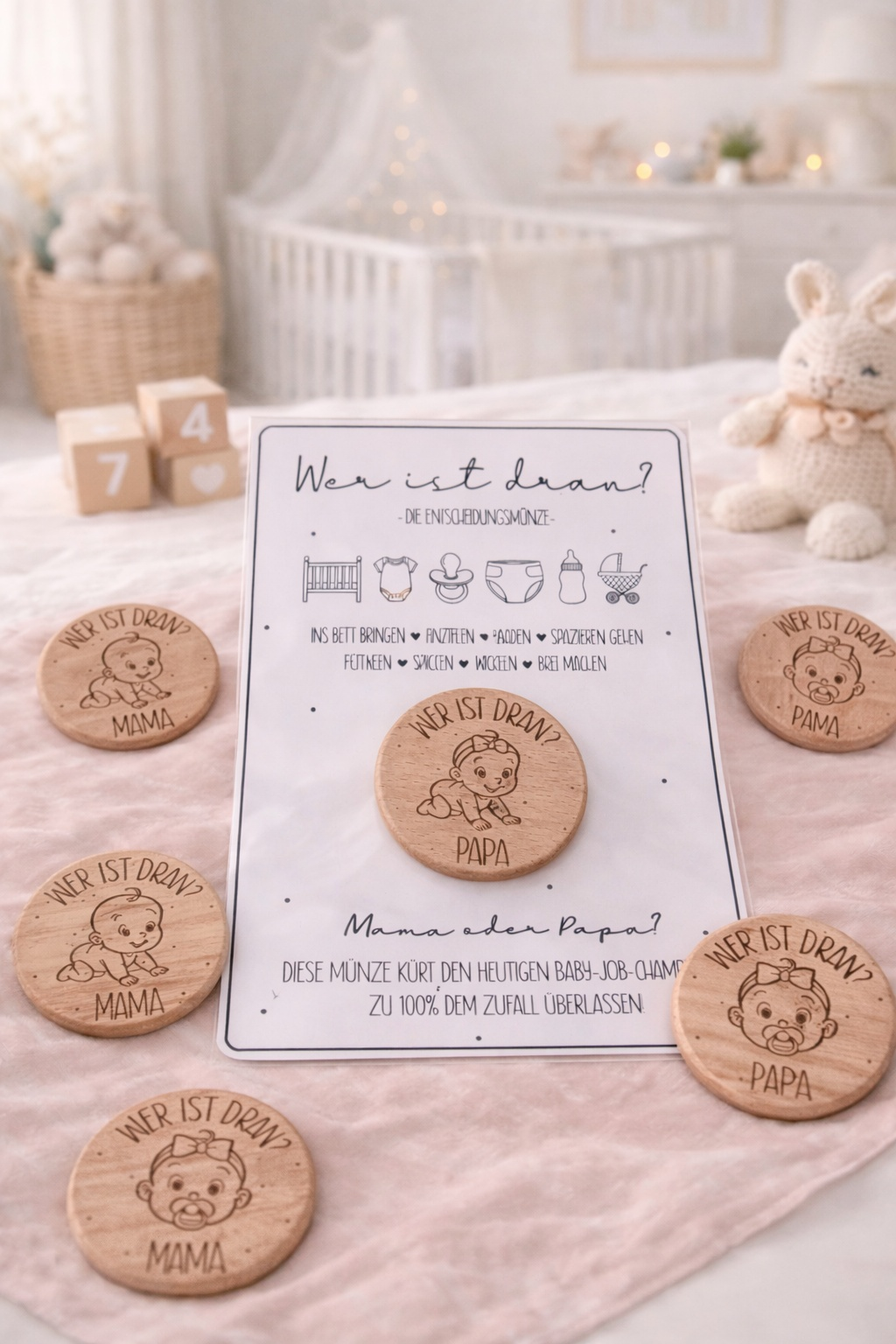 Babygeschenk Holz Entscheidungs-Münze Mama oder Papa zur Geburt
