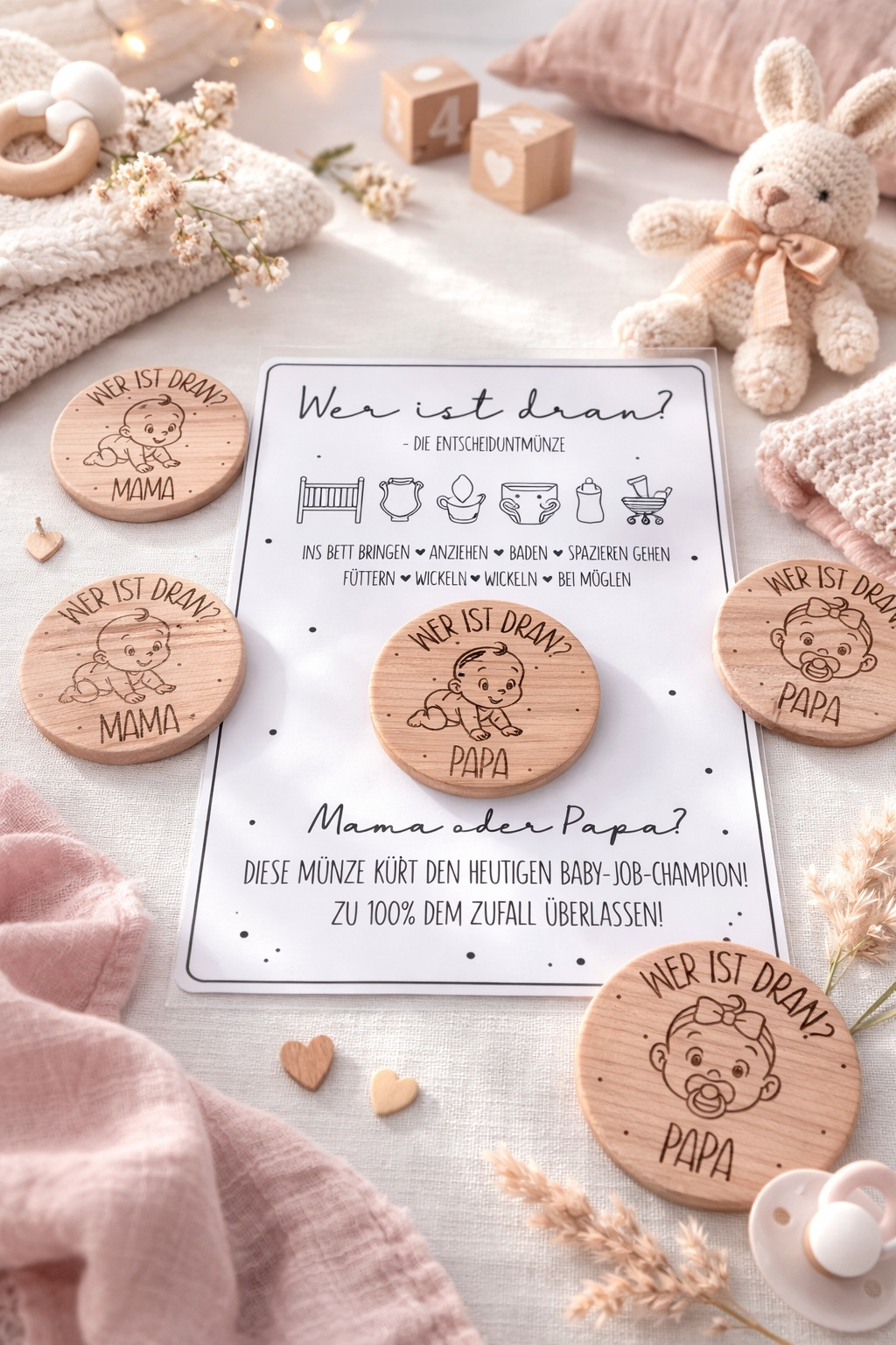 Holz Entscheidungs-Münze „Wer ist dran?“ für Mama oder Papa als lustiges Baby Geschenk zur Geburt