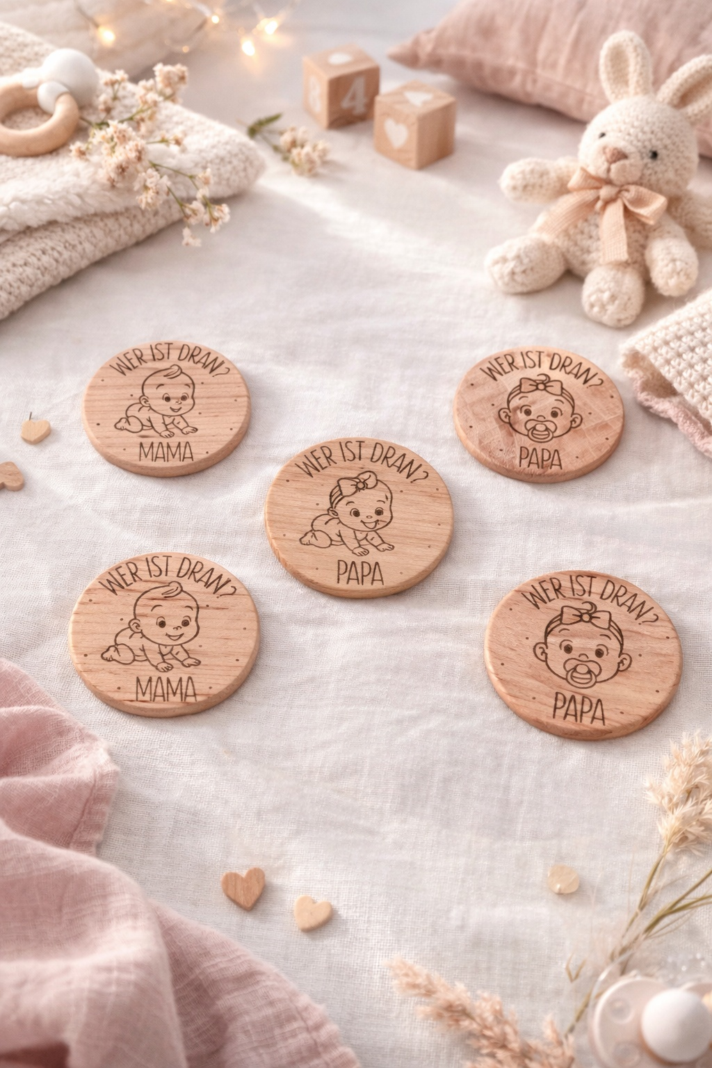 Babygeschenk Holz Entscheidungs-Münze Mama oder Papa zur Geburt