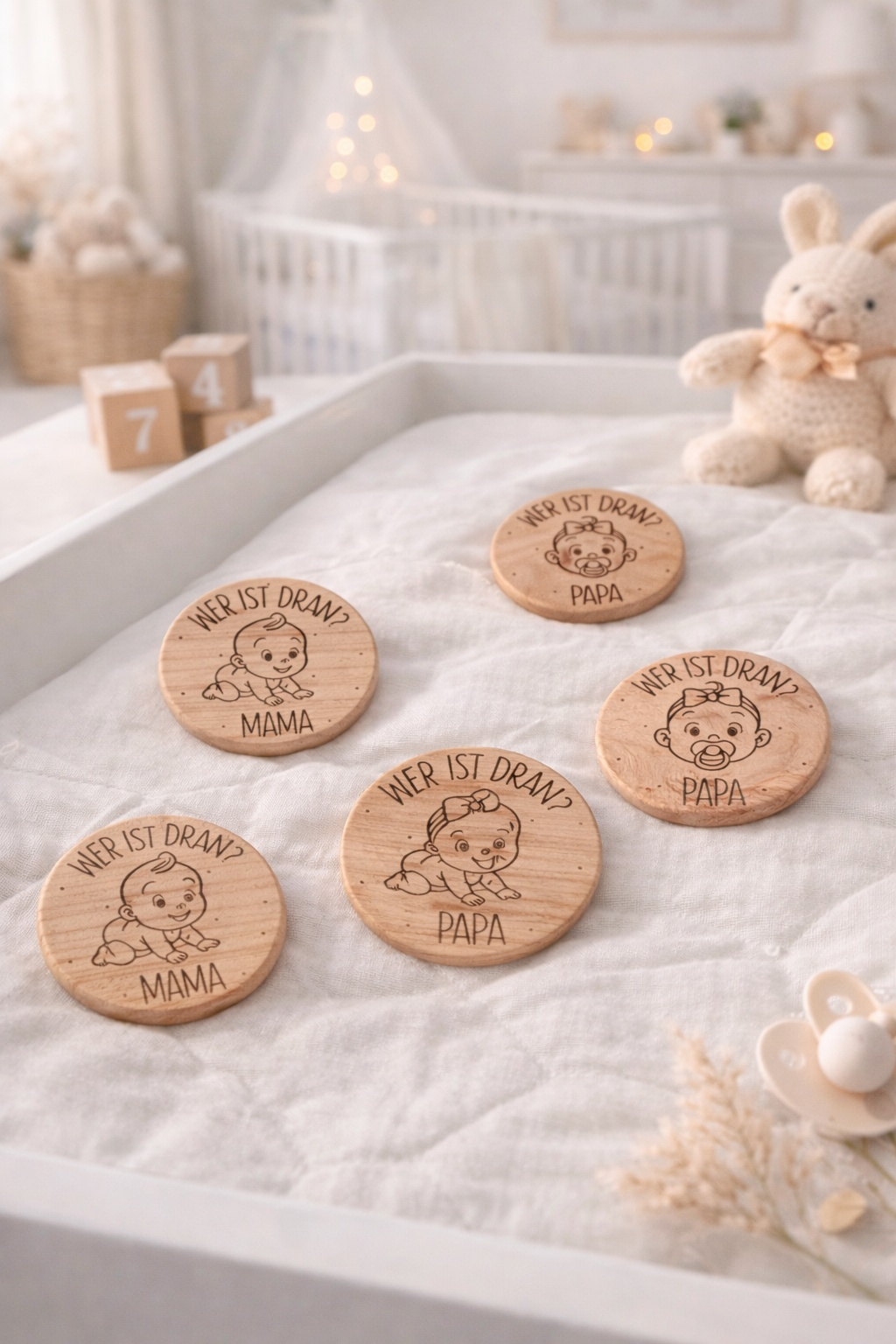 Babygeschenk Holzentscheidungs-Münze Mama oder Papa zur Geburt