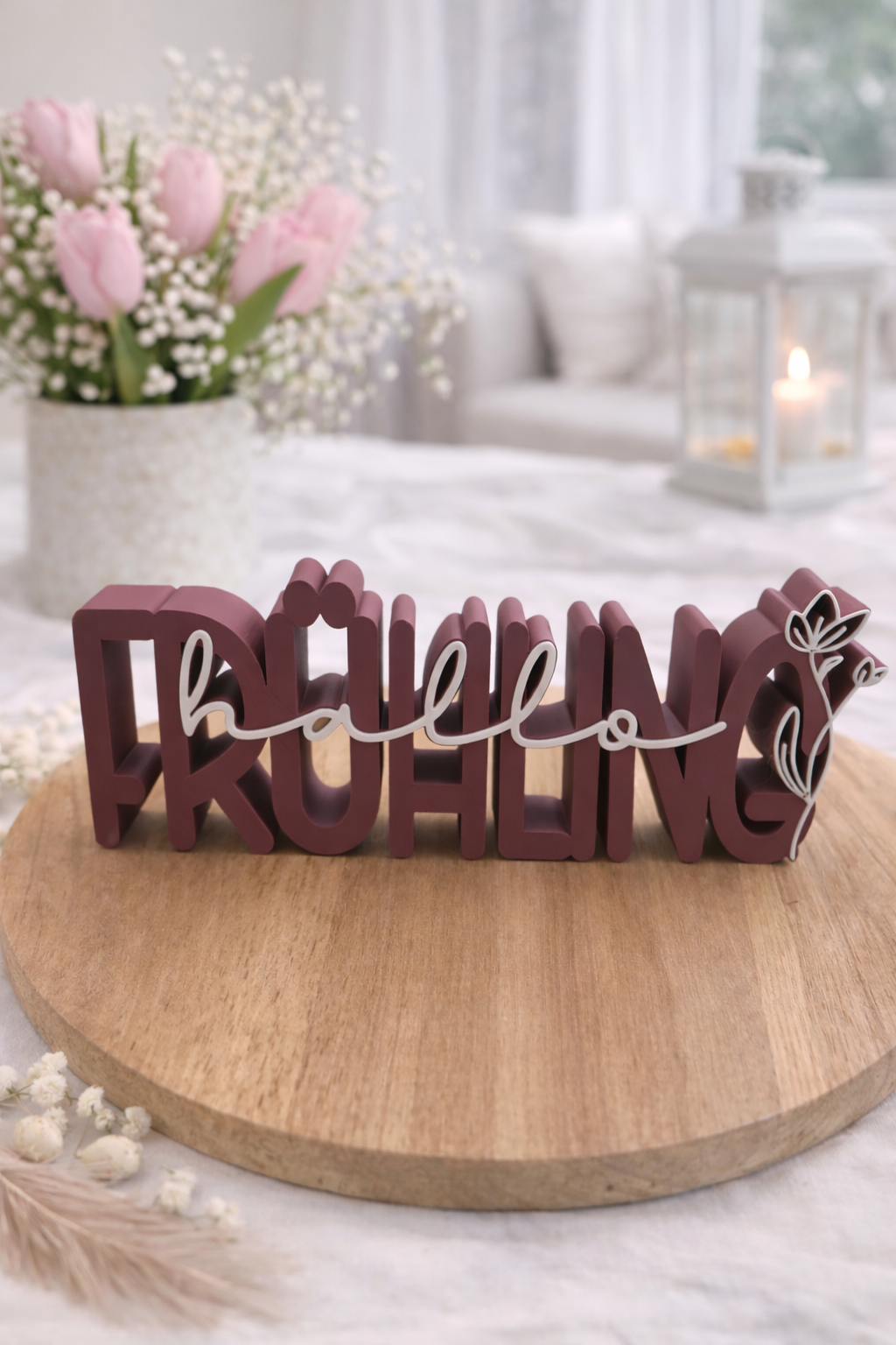 Pastellfarbene Frühlingsdeko aus PLA – 3D Schriftzug ‚Hallo Frühling‘