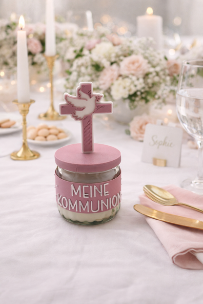 Gastgeschenk Kerze im Glas mit christlichem Fischsymbol für Kommunion Tischdekoration