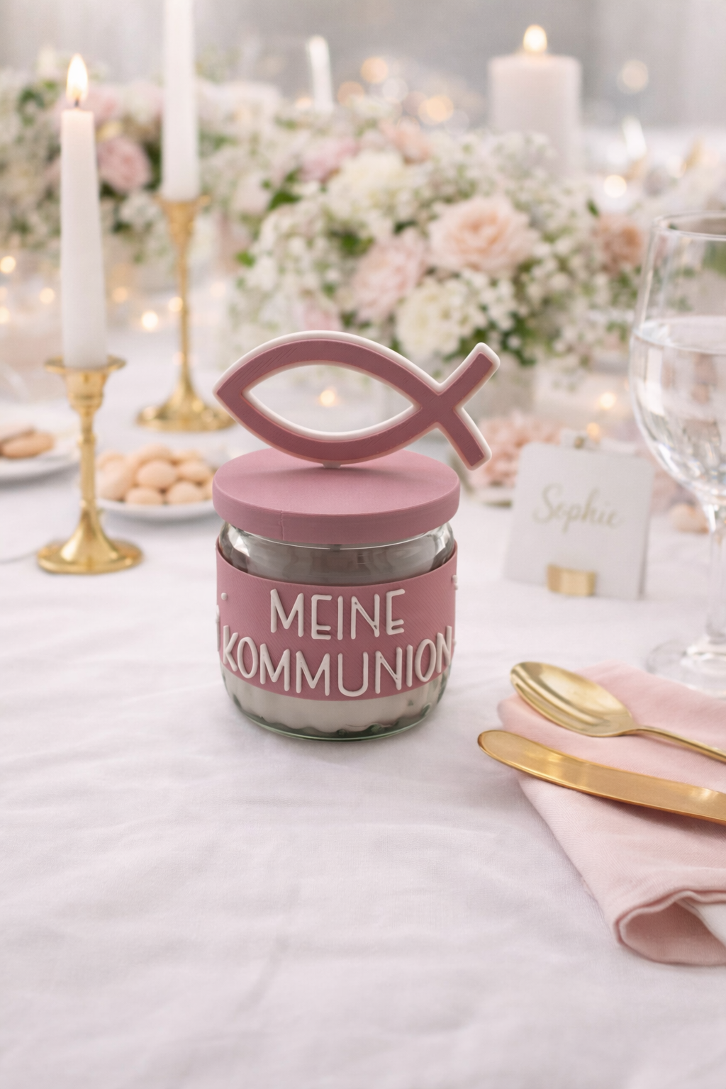Gastgeschenk Kerze im Glas mit christlichem Fischsymbol für Kommunion und religiöse Feiern