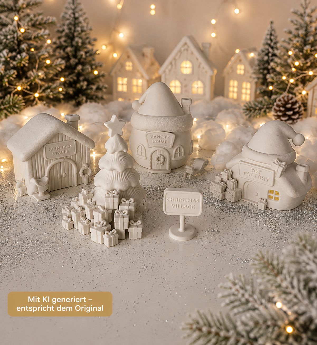 Weihnachtsdorf aus PLA mit Santa’s House, Toy Factory und Rentierstall als detailreiche 3D-Druck Deko