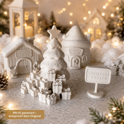Weihnachtsdorf aus PLA mit Santa’s House, Toy Factory und Rentierstall als detailreiche 3D-Druck Deko