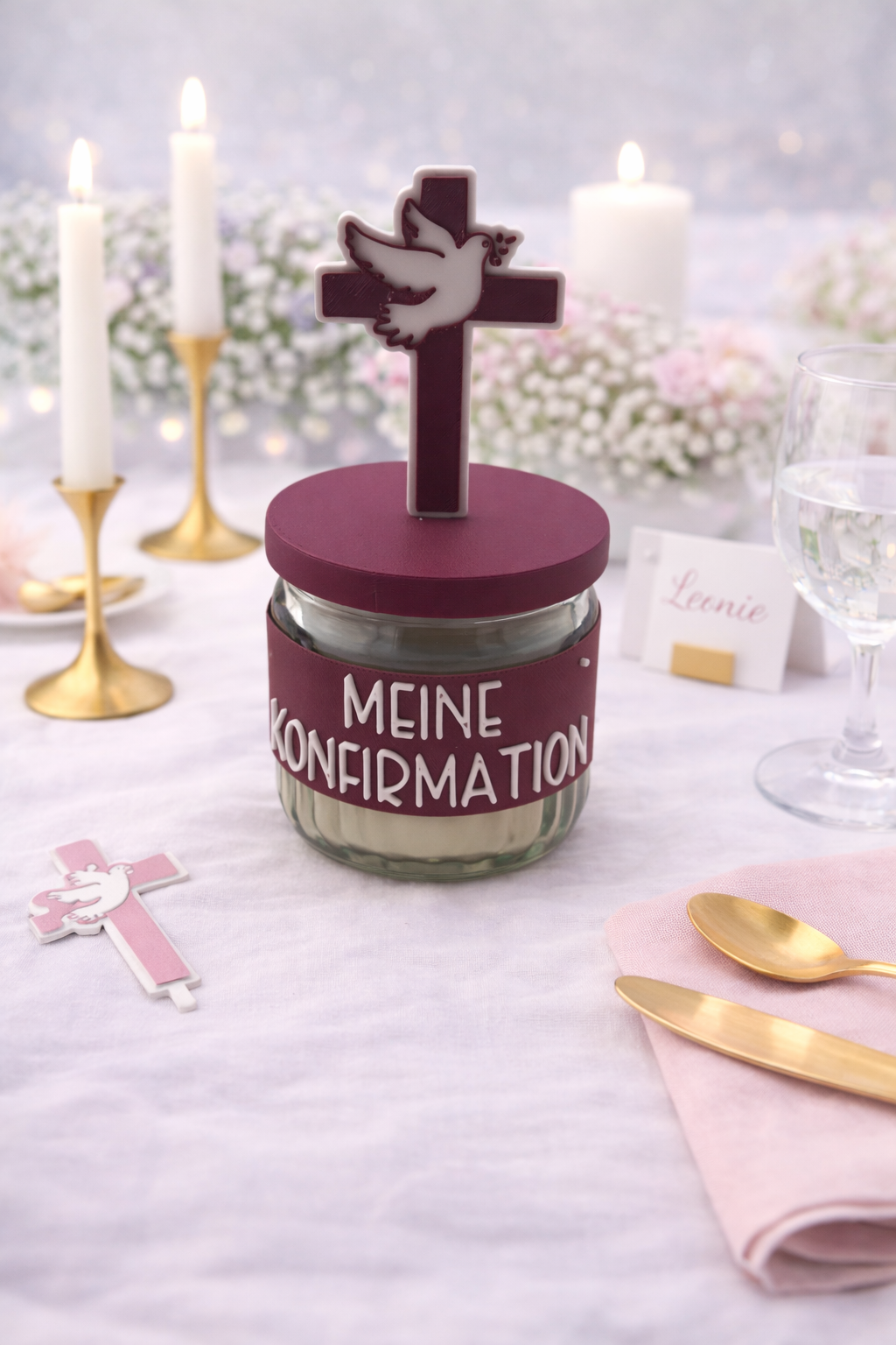 Gastgeschenk Kerze im Glas mit christlichem Fischsymbol, personalisierte Tischdekoration für Firmung und Konfirmation