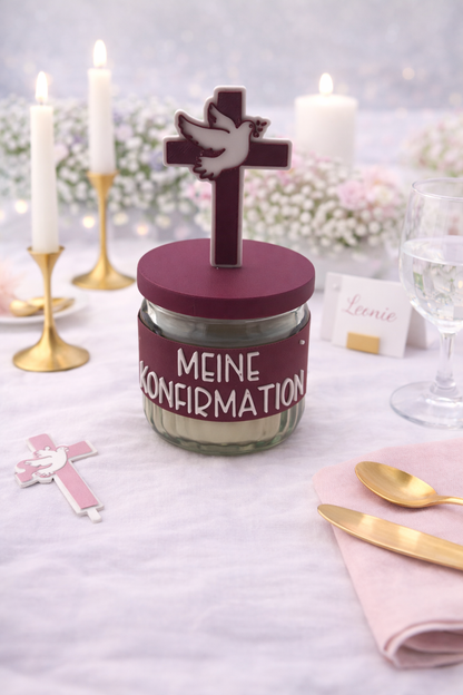 Gastgeschenk Kerze im Glas mit christlichem Fischsymbol, personalisierte Tischdekoration für Firmung und Konfirmation