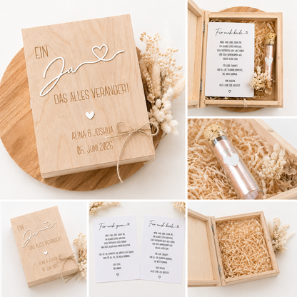 Personalisierte Geschenkbox Hochzeit aus Holz mit Gravur, Reagenzglas und Trockenblumen für Geldgeschenk