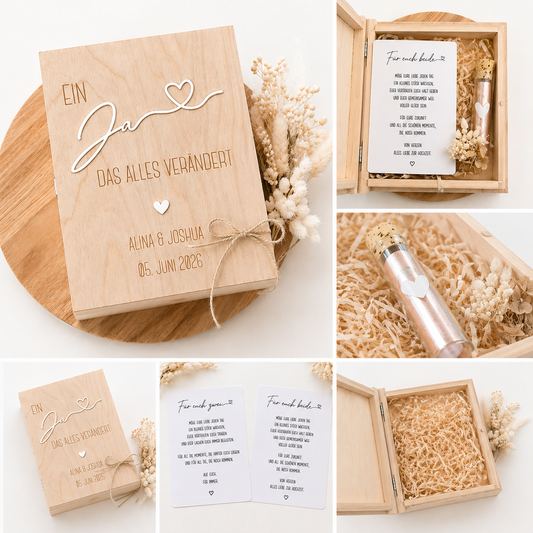 Personalisierte Geschenkbox Hochzeit aus Holz mit Gravur, Reagenzglas und Trockenblumen für Geldgeschenk