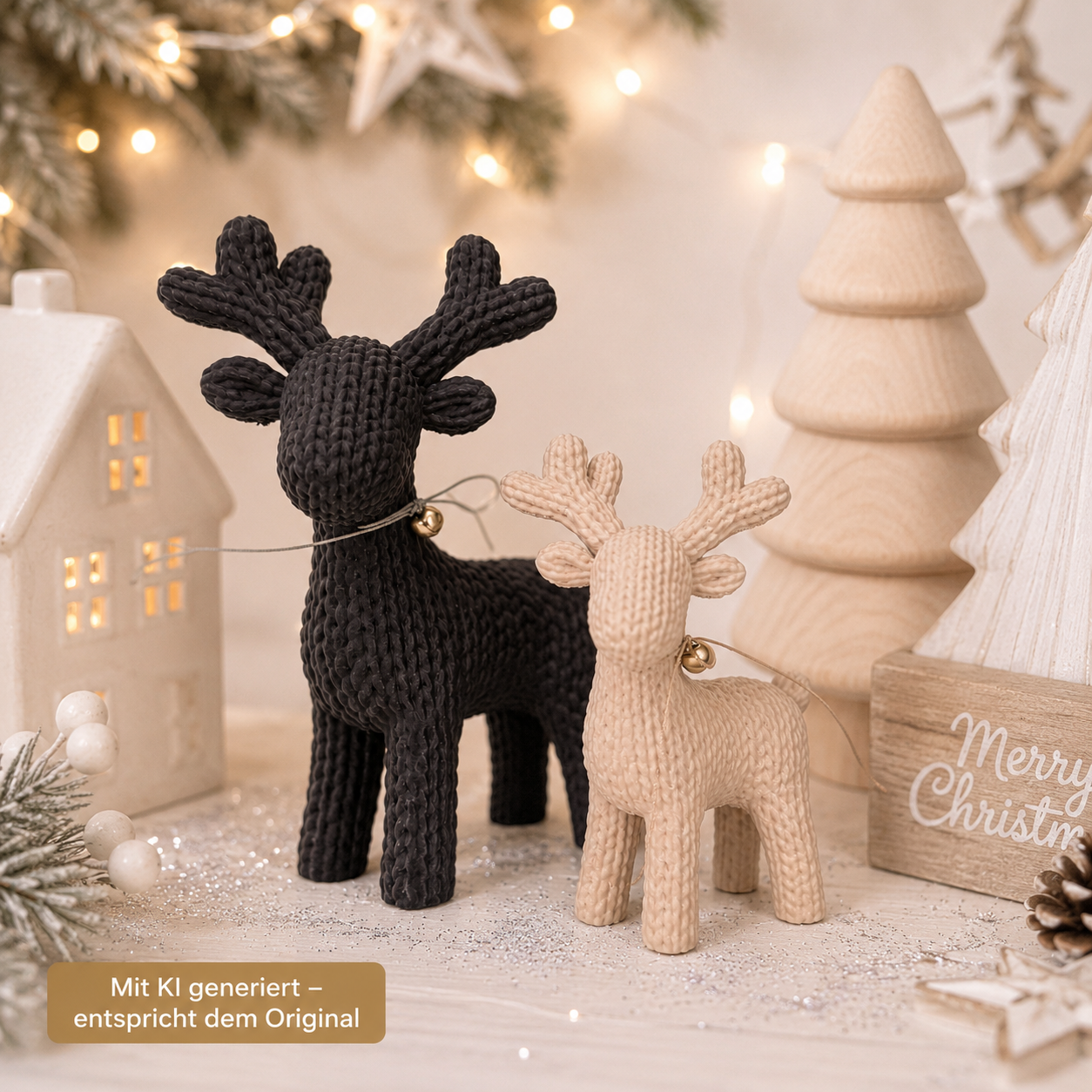 Weihnachtsdorf mit Rentier-Deko in Strickoptik aus PLA in zwei Größen und mit Glöckchen als gemütliche Weihnachtsdekoration