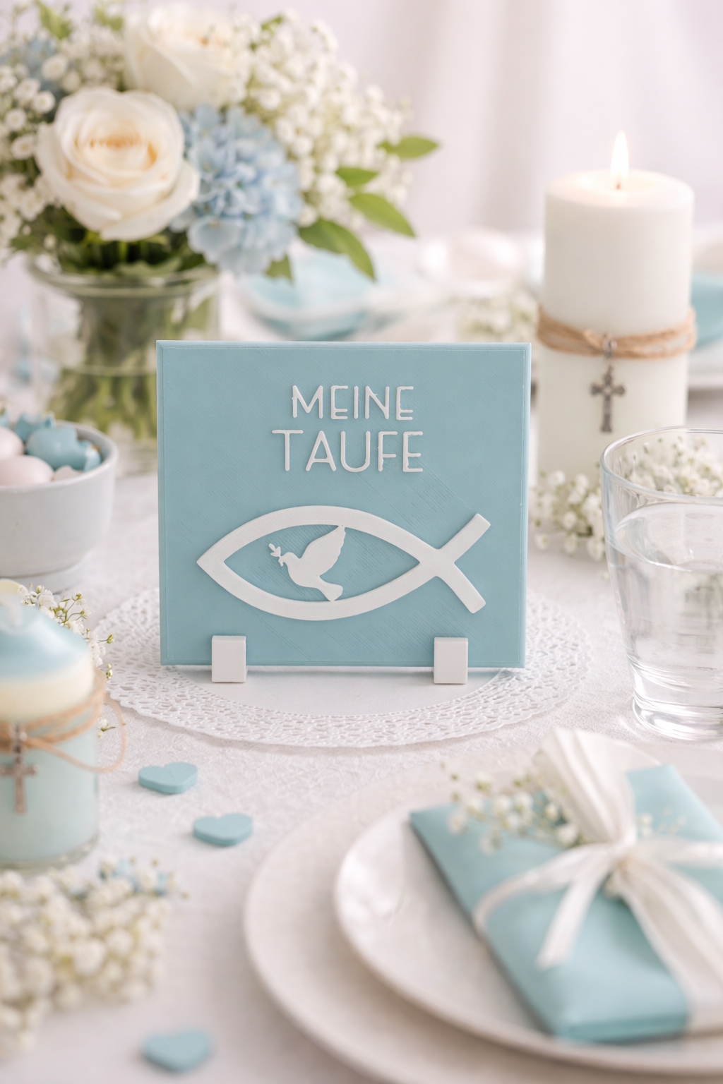 Personalisierter Tischaufsteller „Meine Taufe“ als elegante christliche Tischdekoration zur Taufe und Kommunion