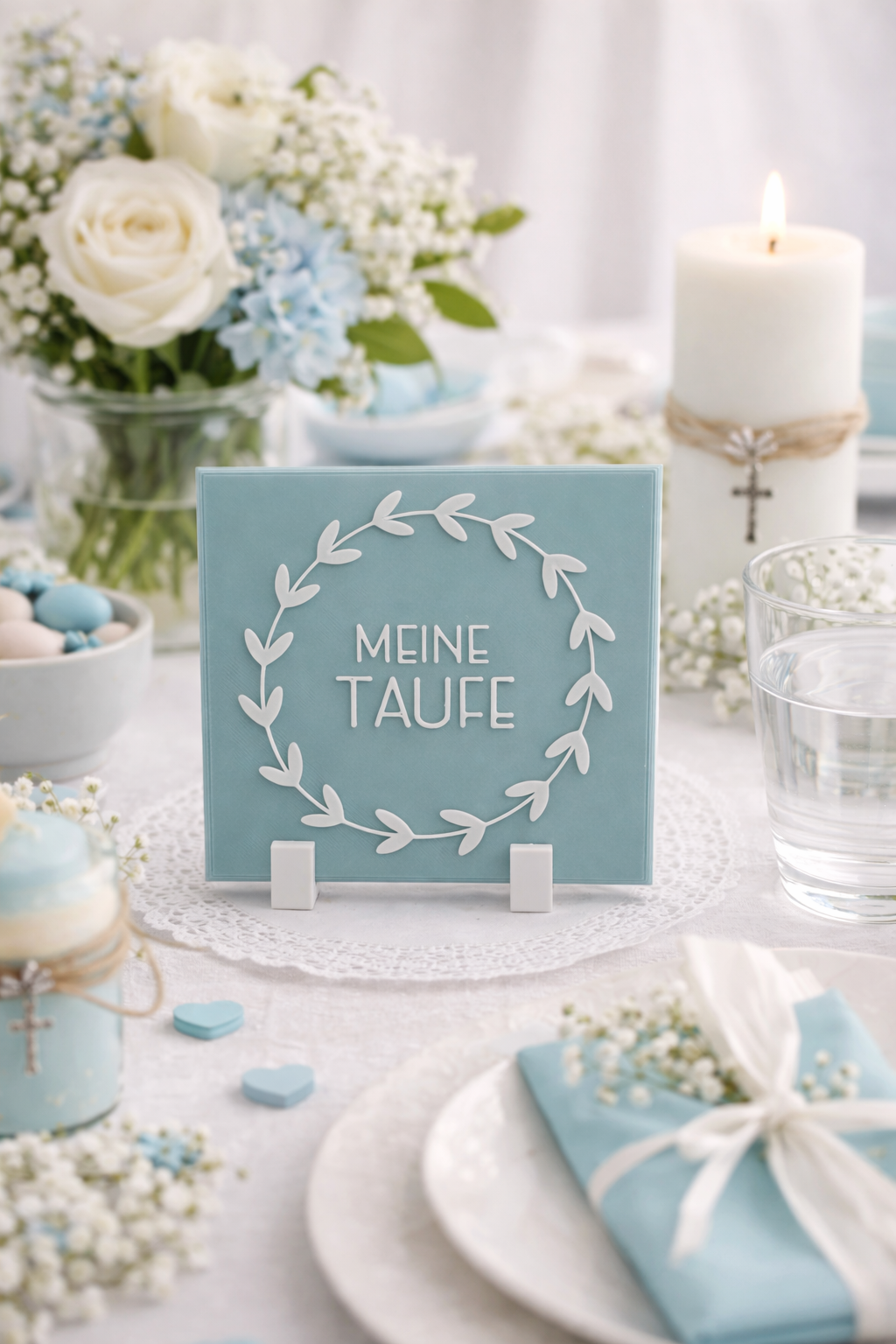 Personalisierter Tischaufsteller „Meine Taufe“ als elegante Tischdekoration zur Taufe und Kommunion