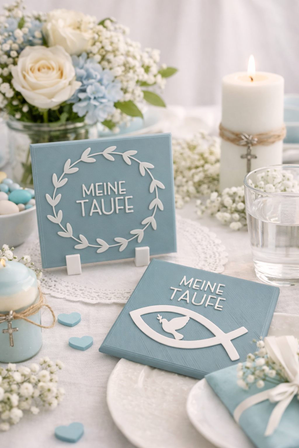 Personalisierter Tischaufsteller „Meine Taufe“ als elegante christliche Tischdekoration zur Taufe und Kommunion