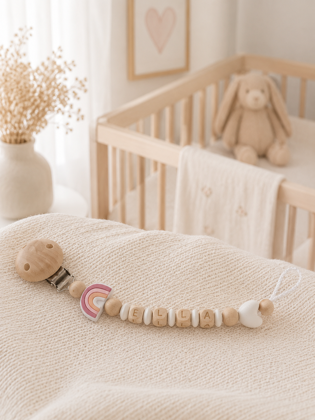 Personalisierte handgemachte Schnullerkette mit Namen, Naturholzclip und Regenbogen-Motiv in zarten Rosatönen, DIN-konform und sicher für Babys