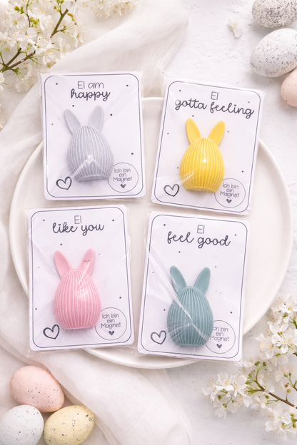 Bunte Osterhasen Magnete mit wählbarem Spruch auf Einlegerkarte, moderne Osterdekoration
