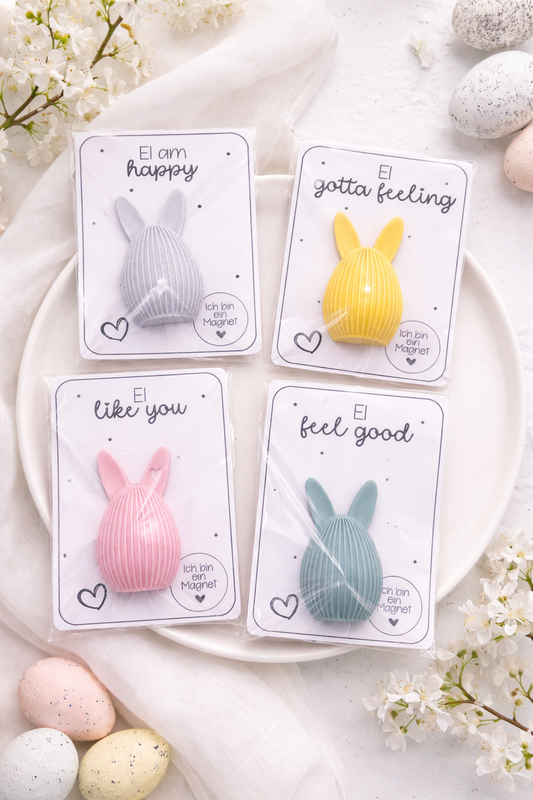 Bunte Osterhasen Magnete mit wählbarem Spruch auf Einlegerkarte, moderne Osterdekoration