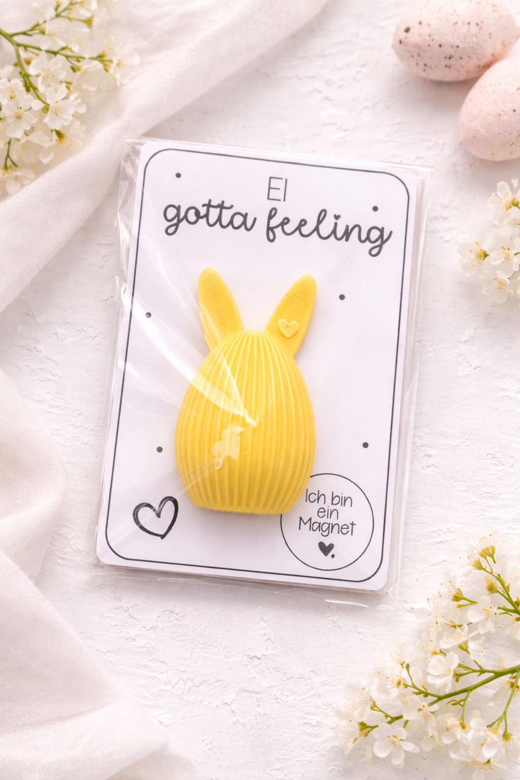 Gelber Osterhasen Magnet aus PLA mit Einlegerkarte, dekorativer Magnet für Ostern