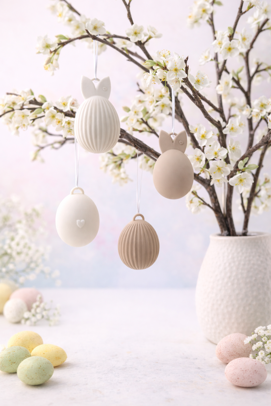 Minimalistische Osterei Anhänger aus Kunststoff – vier Ostereier in Weiß und Beige am Osterstrauch