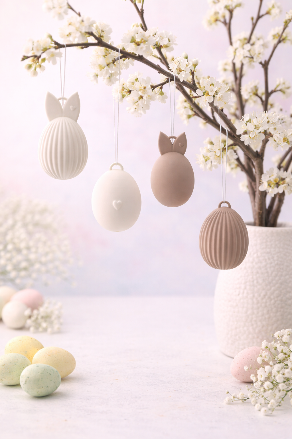 Moderne Osterdeko – schlichte Ostereier Anhänger in neutralen Farben