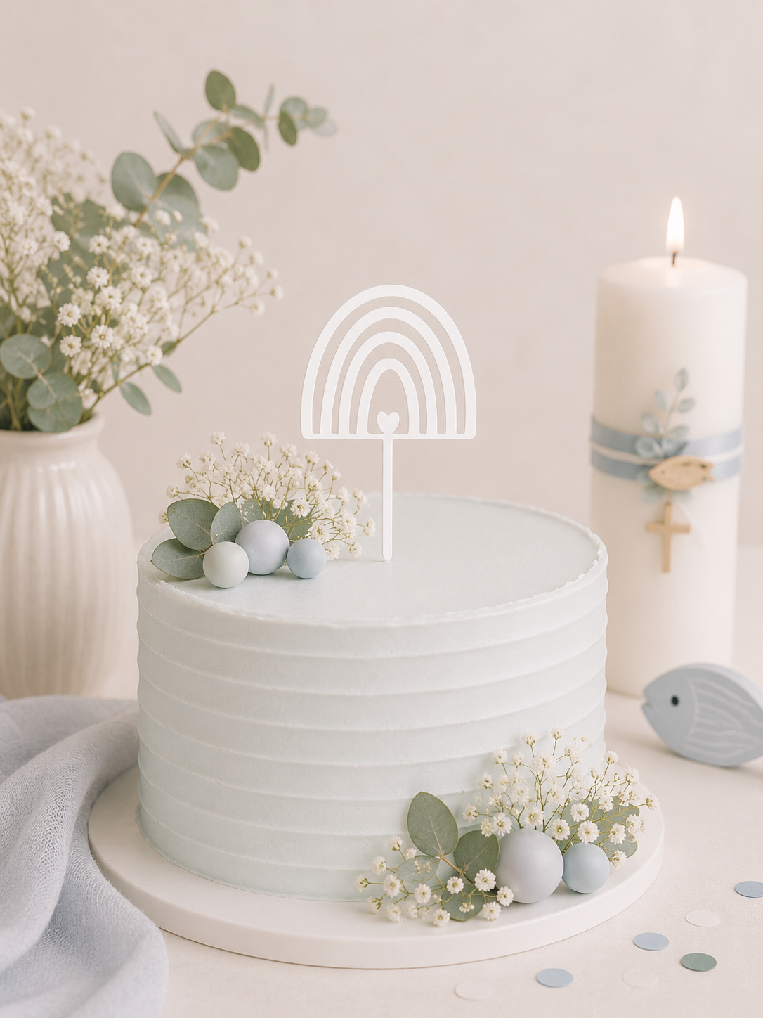 Bunte 3D-gedruckte Caketopper aus PLA mit Fisch, Taube und Regenbogen für Taufe und Kommunion