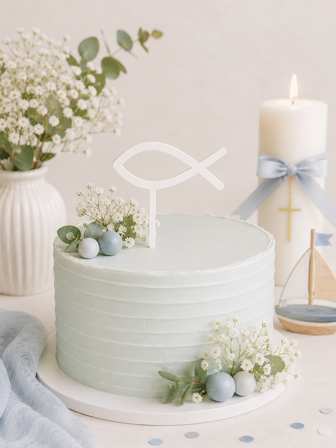Bunte Caketopper zur Taufe aus PLA mit Fisch, Taube, Regenbogen und personalisierten Motiven in verschiedenen Farben