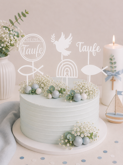 Caketopper Taufe aus PLA mit Fisch, Taube, Regenbogen und personalisierten Motiven in verschiedenen Farben