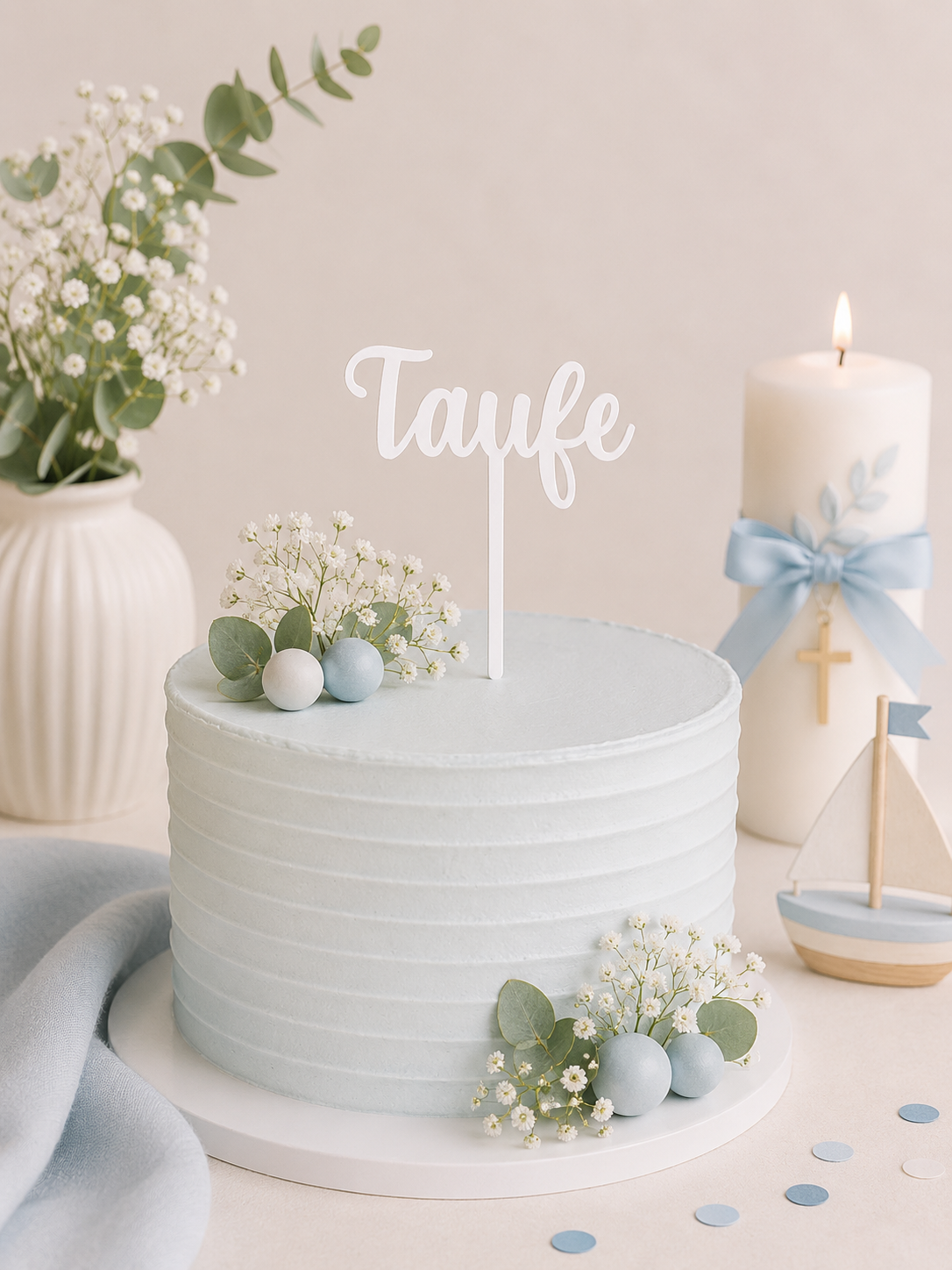 Bunte 3D-gedruckte Caketopper aus PLA mit Taufe-Motiven Fisch, Taube, Regenbogen und personalisierbaren Schriftzügen in verschiedenen Farben