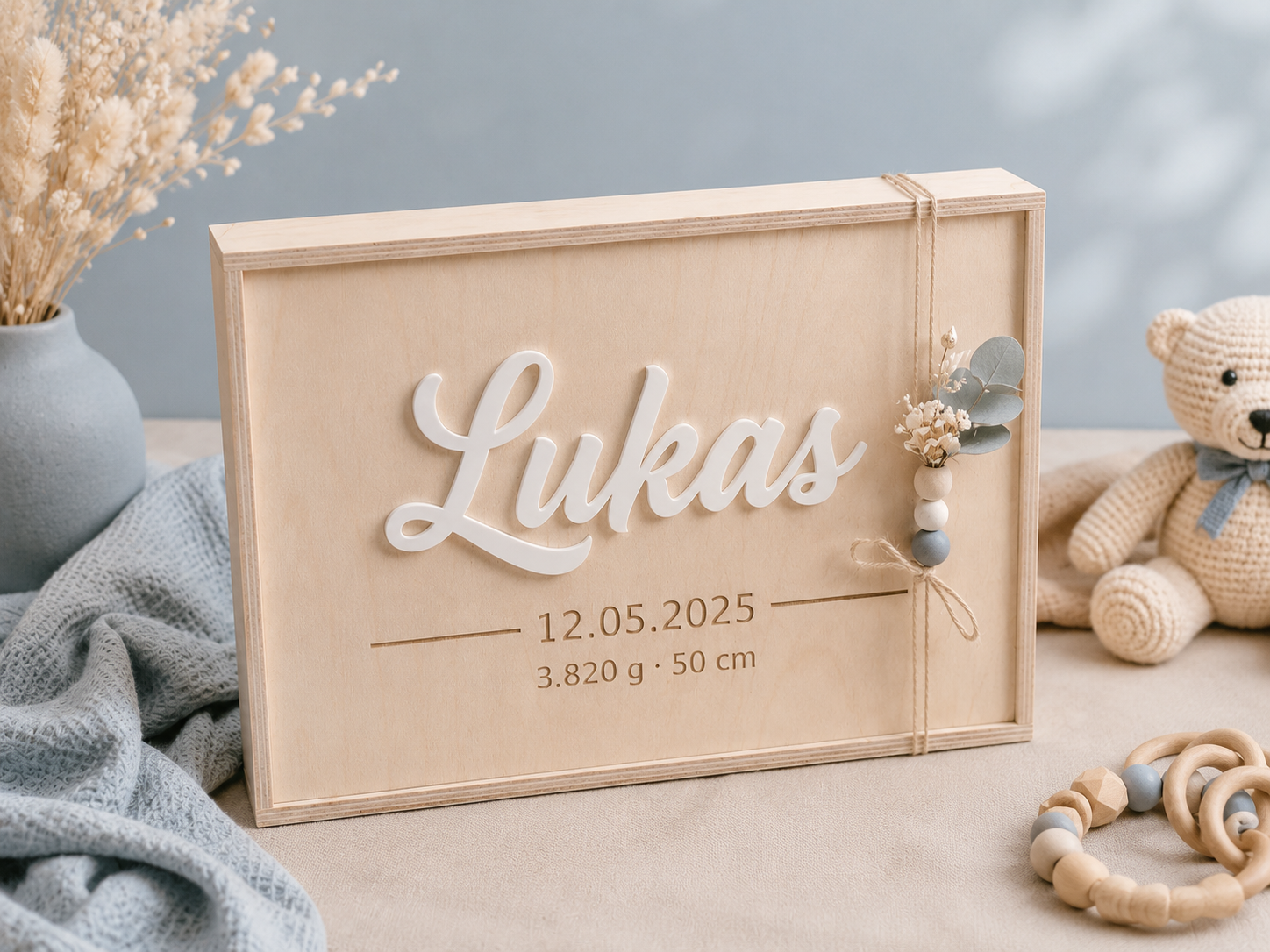 Holz Erinnerungskiste mit weißer 3D-Acrylgravur und dekorativer Kordel für Babys Erinnerungen